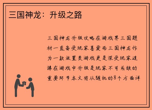 三国神龙：升级之路